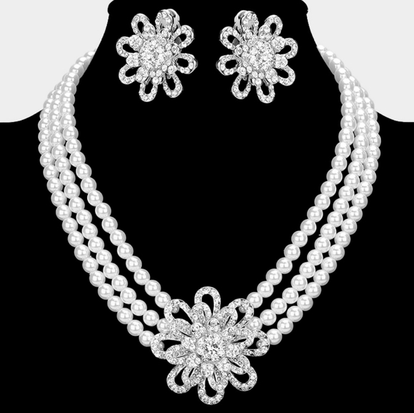 Silver White Pearl Clip On Earrings Flower Pendant Crystal Layered Necklace Set - Picture 5 of 5